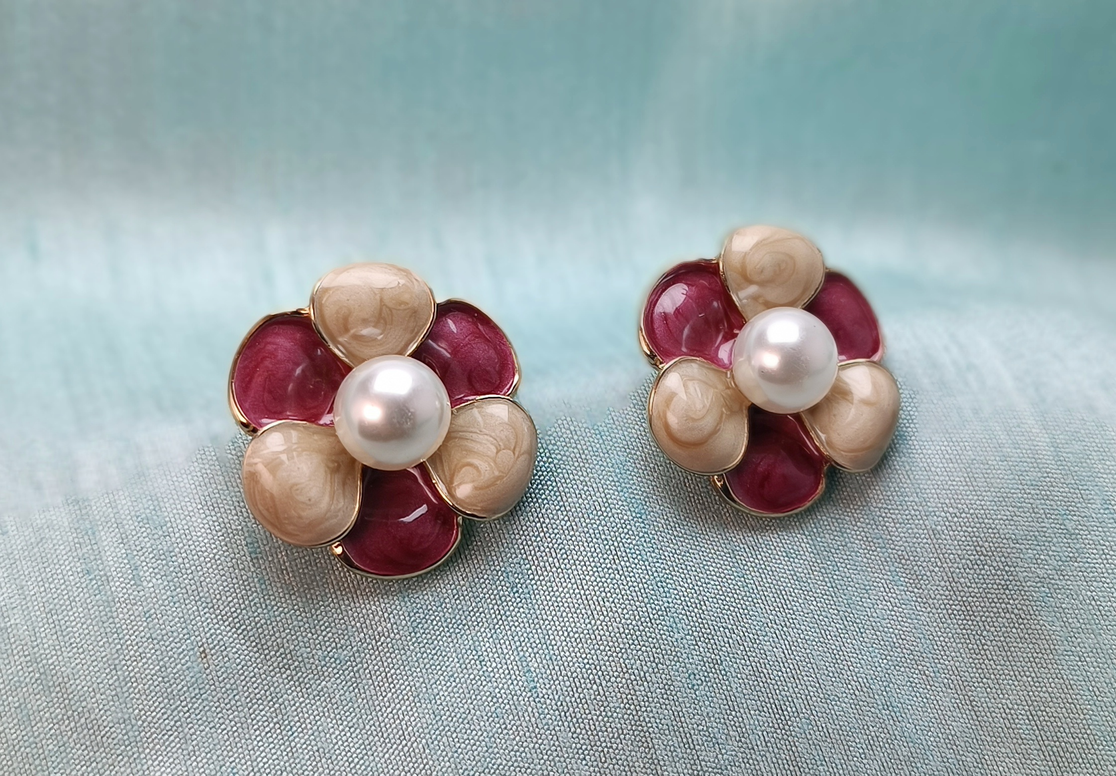 Korean Floral Pearl Stud Earrings